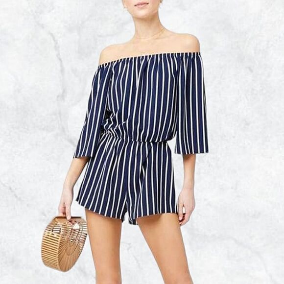 Ambiance Striped Off-The-Shoulder Short Sleeve Romper - Picture 1 of 6